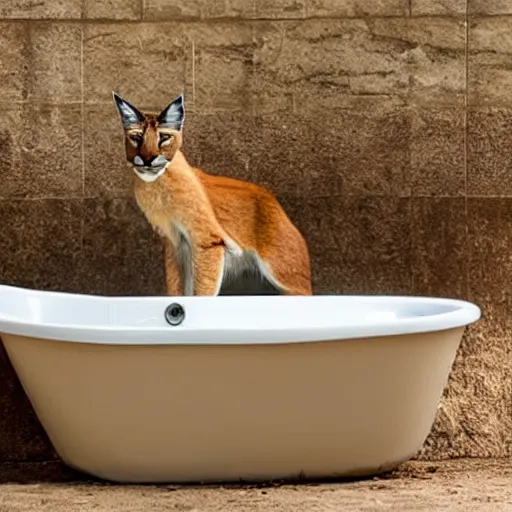 Image similar to Caracal sitting in a bathtub, Instagram photo