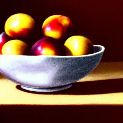 Prompt: drawing of a single thick porcelain bowl filled with a few moist freshly picked plums on a wooden table. volumetric lighting. drawing. small scale. artistic. trending on artstation.