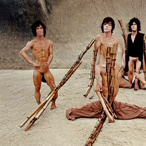 Prompt: the rolling stones band with their bodies made of bamboo in a deep meditation in normandie in france posing for vogue photoshoot photography