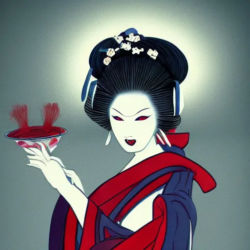 Image similar to full body photo of demon geisha, beautiful, scary, yokai, cinematic, high detail,