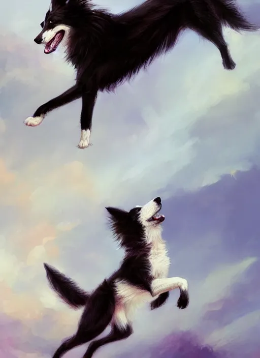 Image similar to wide angle beautiful full body portrait of a cute male anthropomorphic anthro border collie fursona falling from the sky, character design by charlie bowater, henry asencio, and ross tran, disney, scenic background, detailed, aesthetic, trending on artstation, furaffinity, deviantart