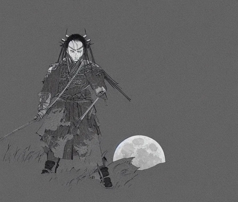 Prompt: '2d design graphic a samurai in the night ,big white moon background , gloomy and foggy atmosphere, octane render, horror scene, highly detailded style of Moebius, black and white ink '