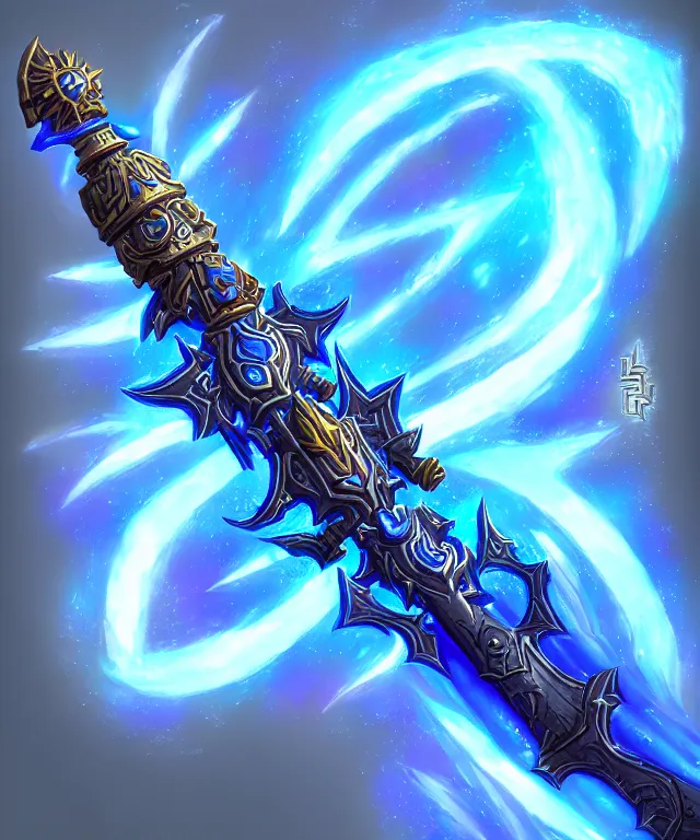 Prompt: bright weapon of warcraft blizzard weapon art, a spiral magic staff, bright art masterpiece artstation. 8k, sharp high quality illustration in style of Jose Daniel Cabrera Pena and Leonid Kozienko, blue colored theme, concept art by Tooth Wu,