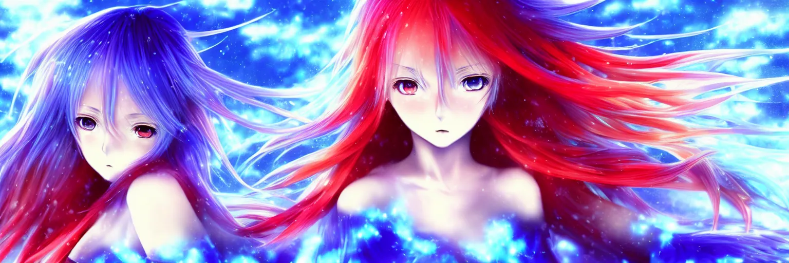 Image similar to advanced digital anime art, a very cute gorgeous teenage girl with a body made of fire and ice , full body, very long snow colored hair, sky blue highlights in hair, red fiery watery eyes, wearing a dress made of water, full round face, dramatic cinematic lighting, wideshot, highly intricately detailed, glitched background, broken screen, trending on pixiv, Artstation, painted by Rossdraws and the style of Sakimimichan