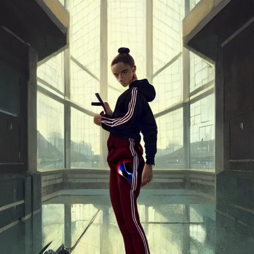 Prompt: portrait of attractive slav heroine wearing an addidas tracksuit with a phone in hand. illuminated phone screen, slav building in backround, by greg rutkowski and wlop, detailed, cinematic, 8 k, intricate, rule of thirds.