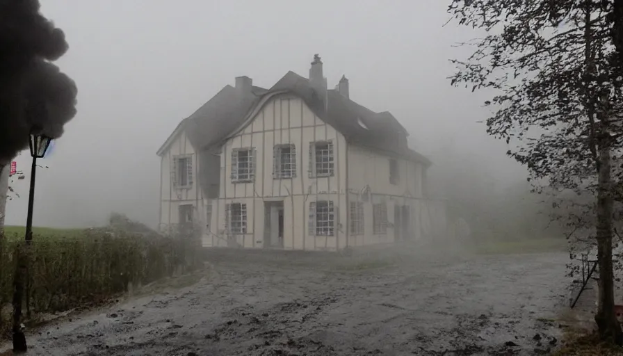 Image similar to mini dv camera found footage of a heavy burning french style little house, heavy rain, foggy, in a small northern french village, heavy grain, very low quality, high detail, dramatic light