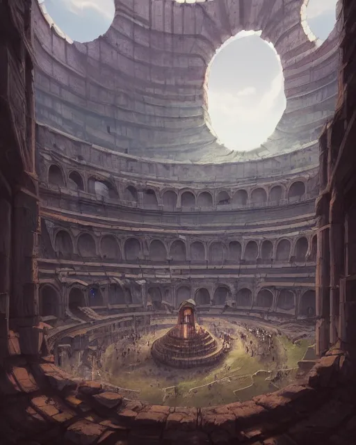 Image similar to roman colosseum by peter mohrbacher and dan mumford and nekro, cgsociety, volumetric light, 3 d render