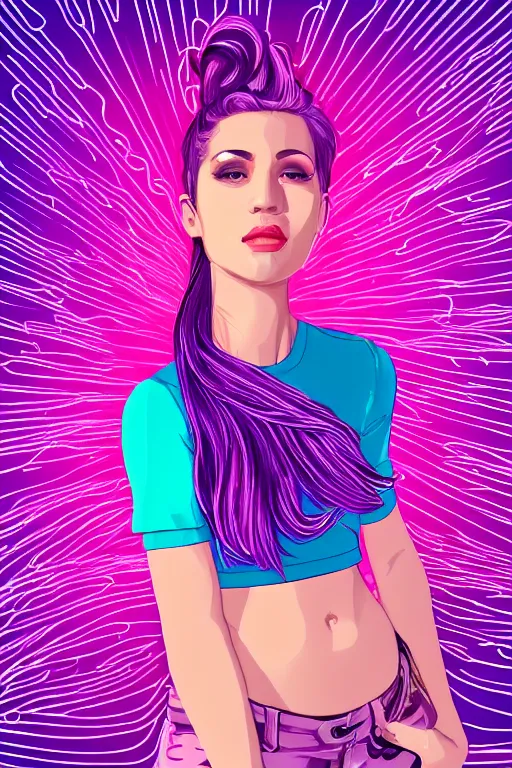 Image similar to a award winning half body portrait of a beautiful woman in a croptop and cargo pants with ombre purple pink teal hairstyle and hands in pockets by ari liloan, surrounded by whirling illuminated lines, outrun, vaporware, shaded flat illustration, digital art, trending on artstation, highly detailed, fine detail, intricate