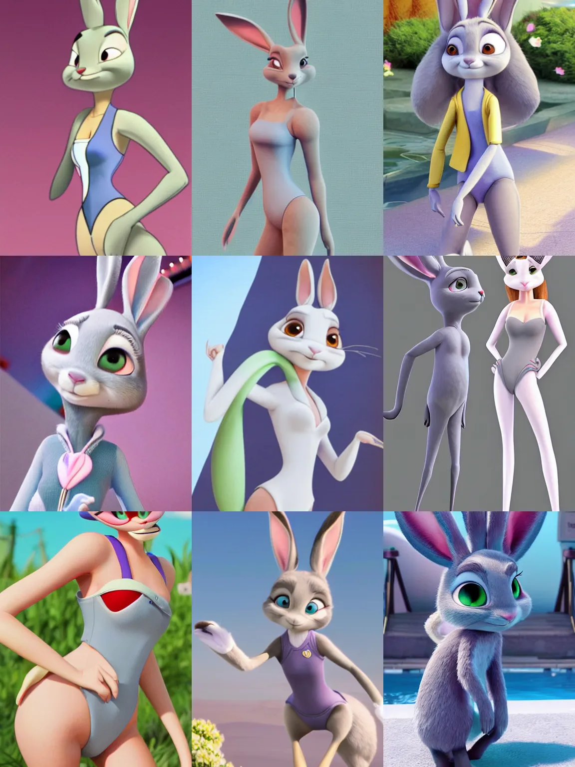 Prompt: slim sexy feminine grey rabbitbunny from zootopia, female beautiful gray rabbit from pixar, fluffy gorgeous beautiful zootpia bunny femme, sexy judy hopps in a one piece swimsuit