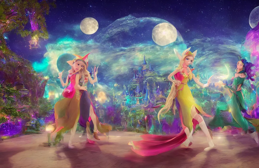 Prompt: two beautiful elf girls on a first date in the astral disneyland realm, holding each other, in the background is the astral disneyland resort, with a colorful universe behind it, the moon of disney spirits shines overhead, festive atmosphere, epic fantasy, ultra hd render, + 4 k uhd + very crisp and clear image, artstation, romantic, style of final fantasy