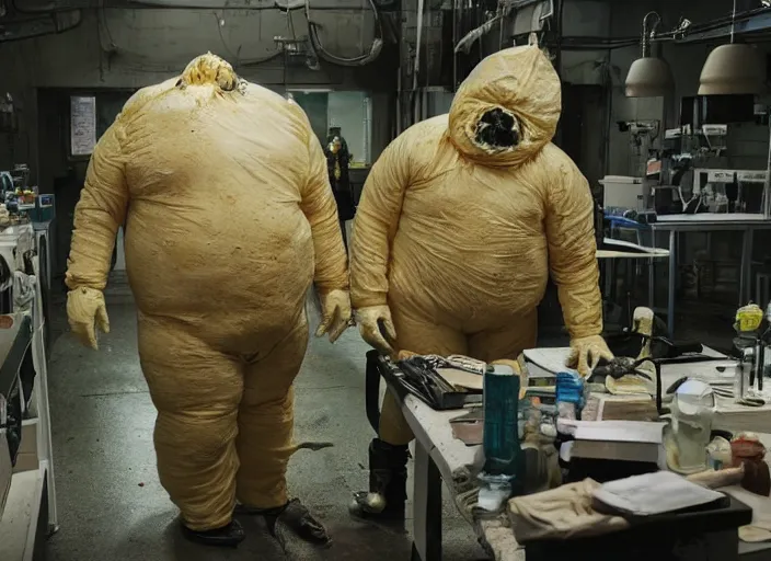 Prompt: a huge horrific blobby flesh creature grows out of control in a grungy science lab, horror movie scene, a man in a hazmat suit watches helplessly