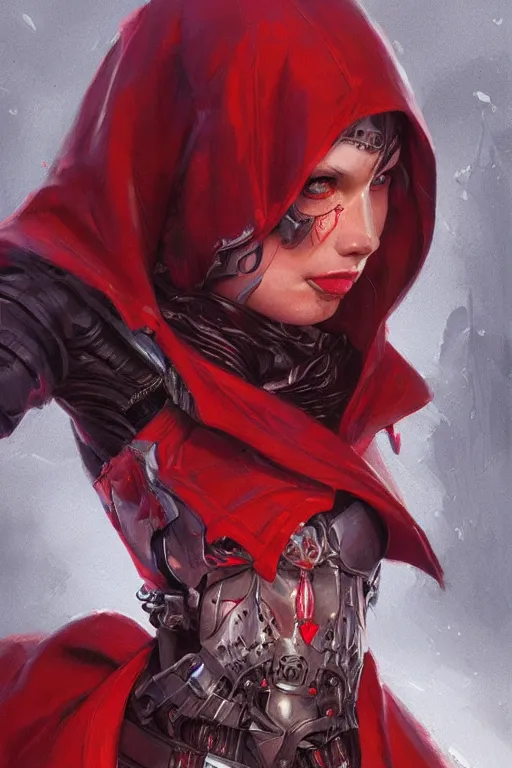 Image similar to cyborg red riding hood, d & d, fantasy, portrait, highly detailed, headshot, digital painting, trending on artstation, concept art, sharp focus, illustration, art by artgerm and greg rutkowski and magali villeneuve