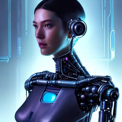 Prompt: ultra detailed, Perfectly-Centered Portrait of a Mechanical Cyberpunk Female Android, looking into the camera, intricate, elegant, super highly detailed, professional digital painting, artstation, concept art, smooth, sharp focus, no blur, no dof, extreme illustration, Unreal Engine 5, Photorealism, 8k, cinematic, art by artgerm and greg rutkowski and alphonse mucha and loish and WLOP