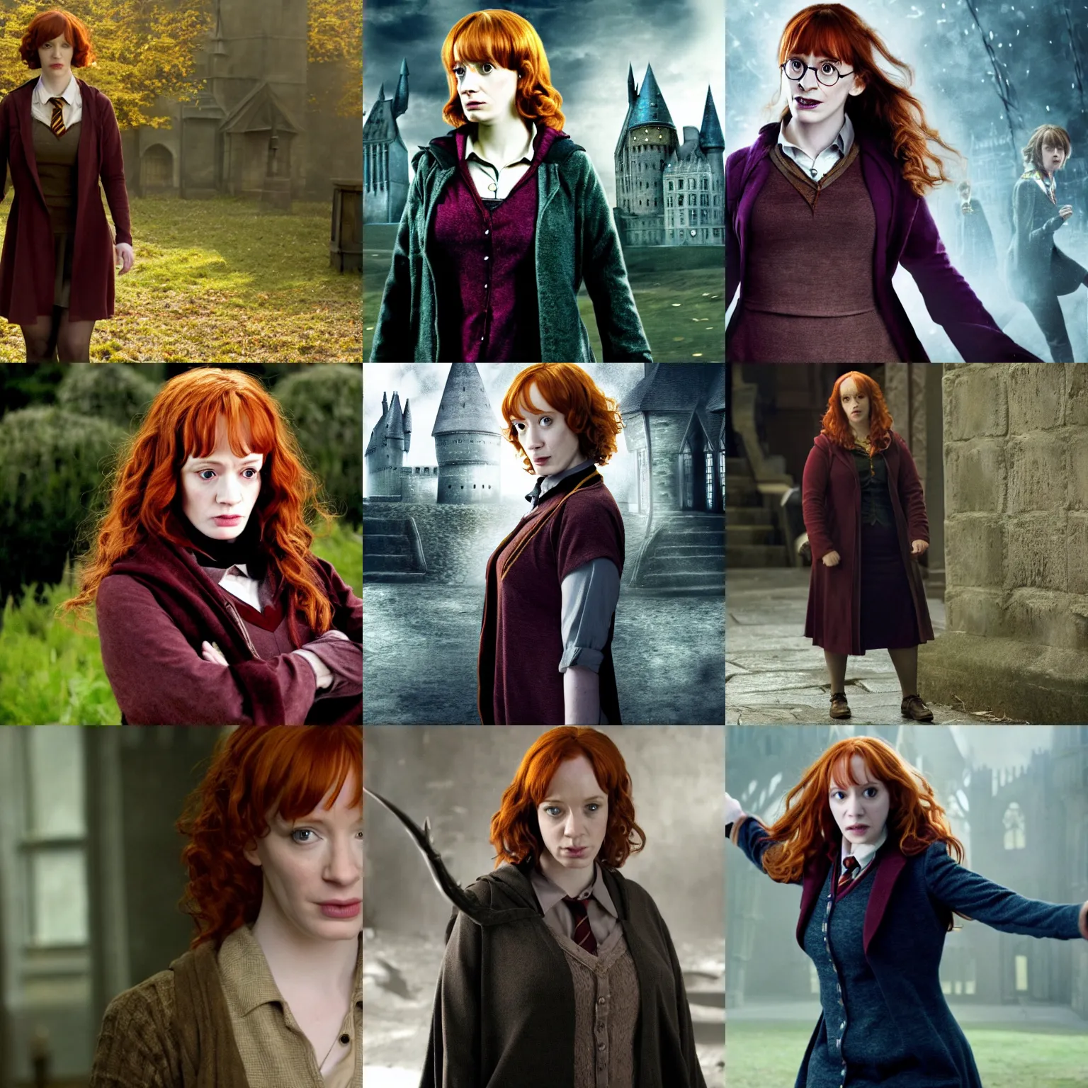 Prompt: female harry potter played by christina hendricks, movie still from harry potter deathly hallows by david yates, wide shot full body shot, 4 k