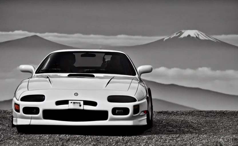 Prompt: a stylistic photo of a modified rx 7 in mount fuji early in the morning | jdm | japanese