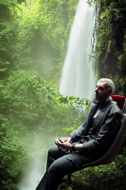 Image similar to movie closeup young man with a grey beard in a cyberpunk suit sitting on a futuristic chair at the edge of a jungle waterfall by emmanuel lubezki