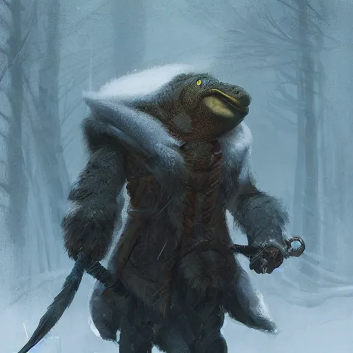 Image similar to anthropomorphic turtle humanoid, carapace, greg rutkowski, blizzard, winter, night, furs, fantasy