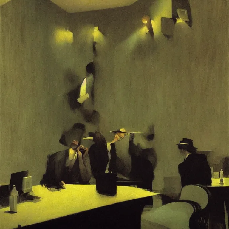 Image similar to i know who I am at the jazz club, Edward Hopper and James Gilleard, Zdzislaw Beksinski, Steven Outram highly detailed