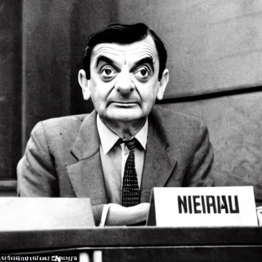 Image similar to mr bean sitting at the nuremberg trials being charged for war crimes