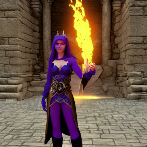 Prompt: high quality unreal engine render of a Dungeons and Dragons character, half-elf sorceress, she has purple hair, 30 years old, a fire spell forms in her hands, ancient Persian city in the background