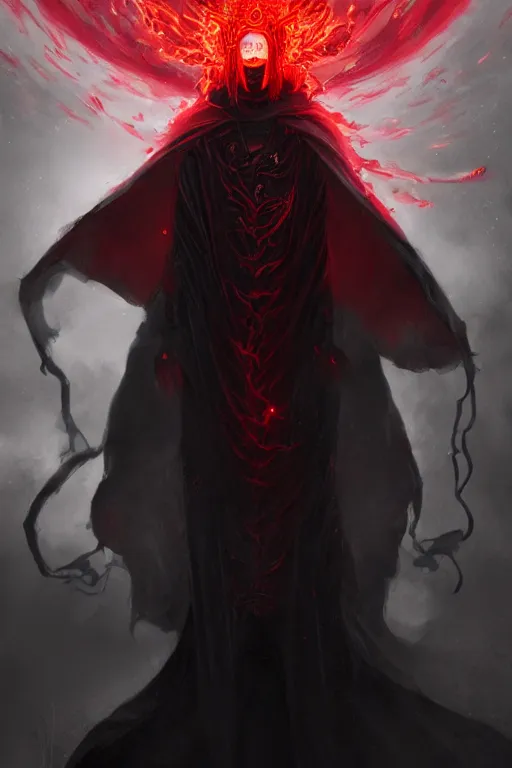 Prompt: A full body portrait of a mysterious character with no face with a very long hooded blood red and black cloak, a flaming crown floating above his head tentacles coming out the ground art by James Paick, and Shaddy Safadi, ominous, cosmic horror, trending on artstation, Ultra detailed, hyper realistic 4k
