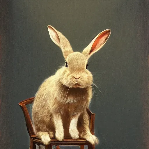 Image similar to a rabbit sitting on a chair, dramatic lighting, in the style of ilya repin