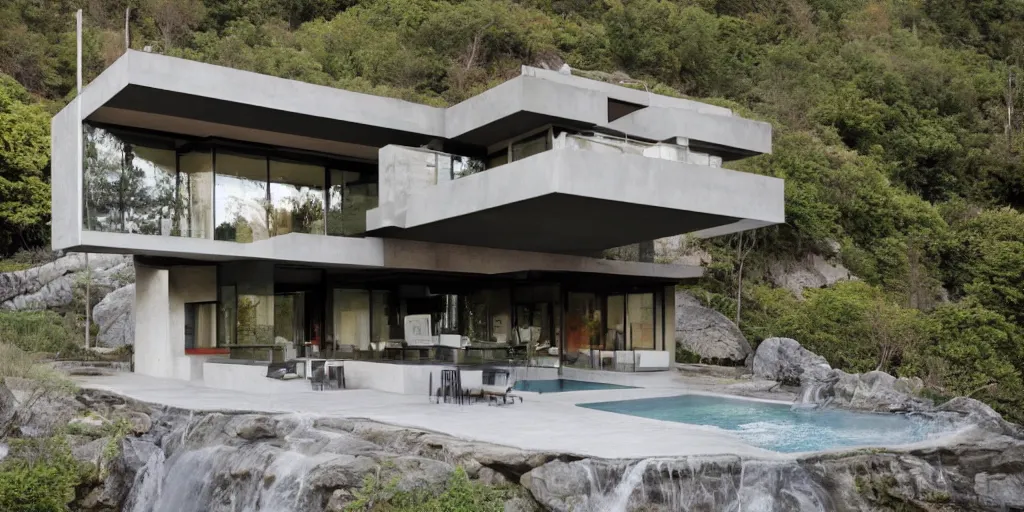 Image similar to a modernist residence on a cliffside with a waterfall