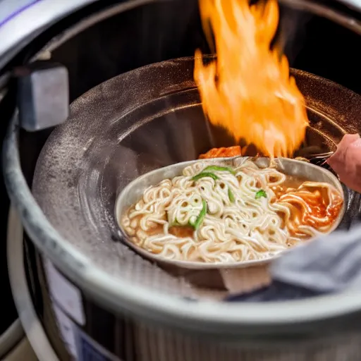 Image similar to highly detailed close up of gordon ramsay cooking ramen in a washing machine