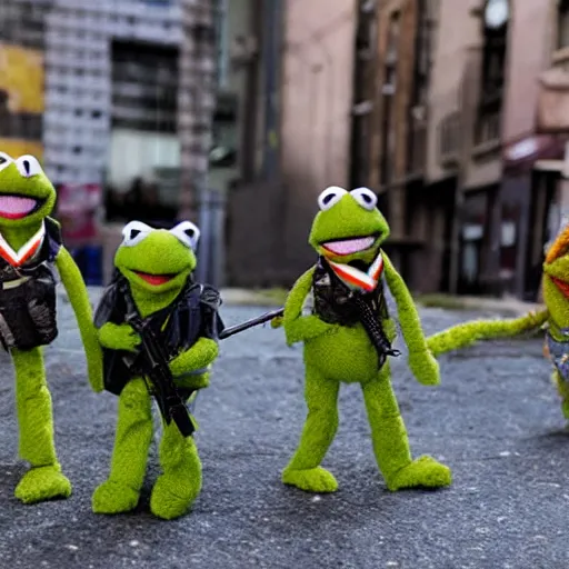 Image similar to muppet puppet special forces in an urban battle field.