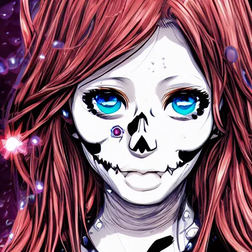 Prompt: anime manga closeup skull portrait girl face detailed highres 4k se Mucha and James Jean pop art nouveau