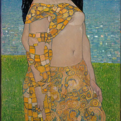 Image similar to Tifa at the beach, fullbody in the style of Gustav klimt!!!!!!!!!!