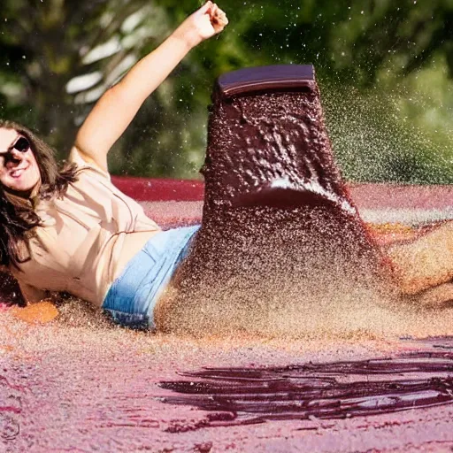 Image similar to adult sliding down chocolate pudding slip n slide legs first, professional photo taken at the park