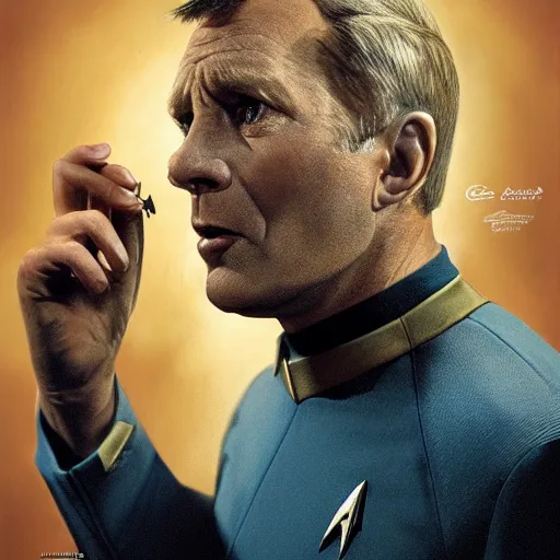 Image similar to photograph of captain j. kirk from star trek screaming in terror. sharp photograph, sharp focus, highly detailed,, detailed face!!, ultra realism, dramatic lighting, zeiss lens, canon eos, detailed skin, dynamic pose, 8 k resolution, hyperrealism, portrait photography, art by artgerm and greg rutkowski and alphonse mucha