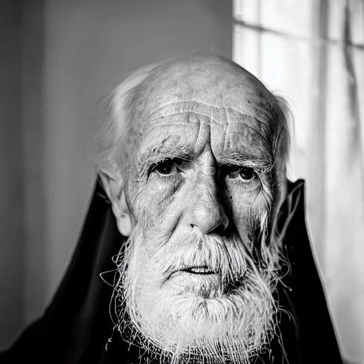 Prompt: count of durres, a 1 0 0 year very old man, dignified but aged face, night gown, hunched over, rare hair, black and white photography inside an old mansion