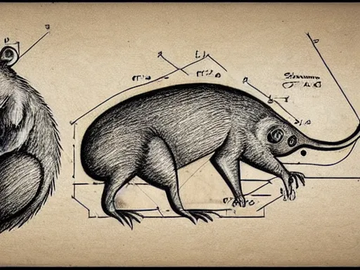 Prompt: highly detailed blueprint, technical drawing of a rat, schematic, pencil, sepia, old paper, art by da vinci