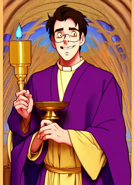 Image similar to pail as a priest wearing robes. holding golden candlestick, in a monestry natural lighting, path traced, highly detailed, high quality, digital painting, by don bluth and ross tran and studio ghibli and alphonse mucha, artgerm