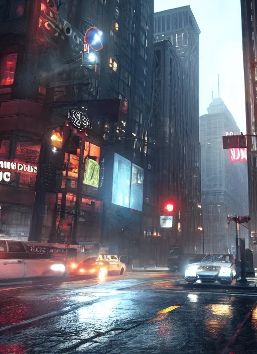 Image similar to watch dogs game, chicago city rainy detailed, soft lighting