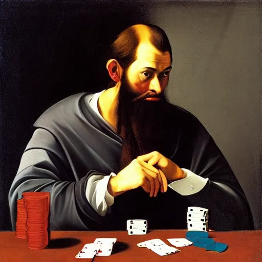 Image similar to Bearded man in a suit playing poker, Caravaggio style