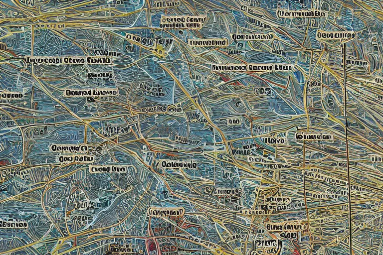 Prompt: closeup view of a topographical map of a complex sewer system made out of multiple overlays of complex scientific data visualized on top of each other, bar charts, plexus, thick squares and large arrows, waveforms on top of square charts, gaps and pauses, space molecules, radio signals, negative space