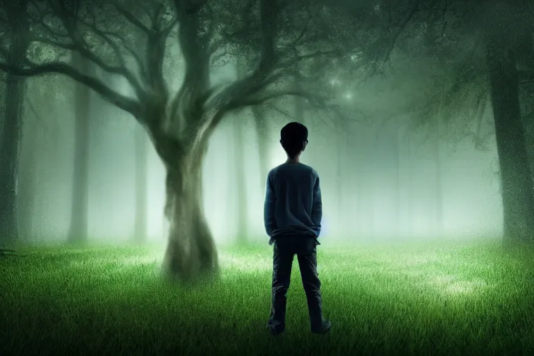 Image similar to boy and his haunting ethereal realistic ghost in the middle of a rain oak forest at night, realistic, obscure, dramatic scene, matte painting