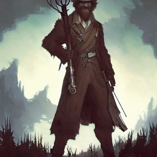 Prompt: an ultra detailed vector image of bob ross dressed as the hunter from bloodborne, concept art by alphonse mucha and greg rutkowski, praise the blood moon, octane render, cosmic horror, scary little trees