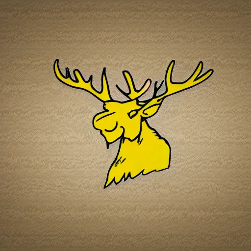 Prompt: a simple yellow moose logo, looking to the side, maple leaf antlers, black background, logo