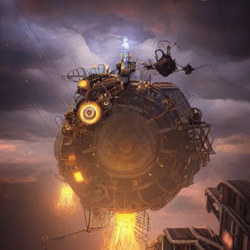 Prompt: a flying steampunk fortress, intricate, behrens style, octane render, fantasy digital art, beautiful composition, trending on artstation, night, meteors, lightning!!! storm, dramatic lighting,