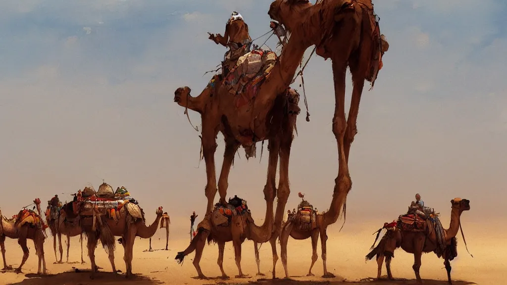 Prompt: view of arabian caravan with camels in the desert, watercolored, jakub rozalski, dark colours, dieselpunk, artstation