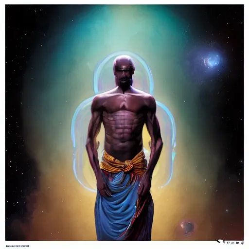 Image similar to an african!! cosmic god bending space time, watchmen, dim light, bloom, front game card, marvel comics, dark, intricate, highly detailed, smooth, artstation, digital illustration by ruan jia and mandy jurgens and artgerm and wayne barlowe and greg rutkowski and zdislaw beksinski, and adi granov