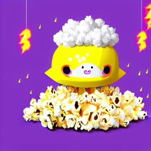 Image similar to kawaii wacky fluffy popcorn with lightning bolt power, with golden helmet, yokai, in the style of a mamashiba, with a yellow beak, with a toroidal energy field, with a smiling face and flames for hair, sitting on a lotus flower, white background, simple, clean composition, symmetrical, suitable for use as a logo