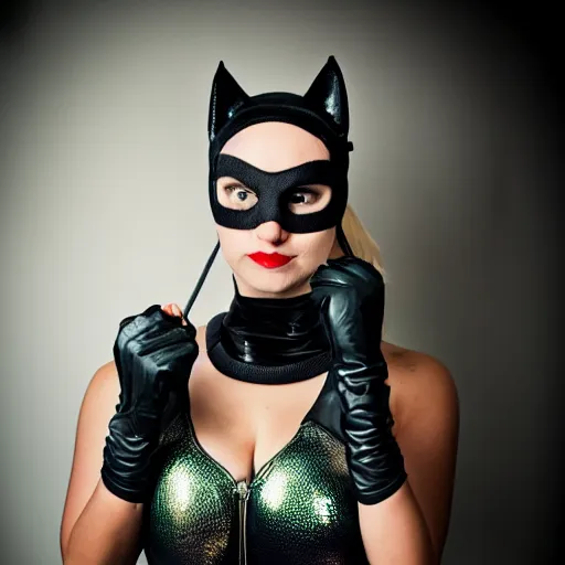 Image similar to gopnik as catwoman, adidas costume, 30mm lens photo portrait