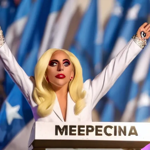 Image similar to Lady Gaga as president, Argentina presidential rally, Argentine flags behind, bokeh, giving a speech, detailed face, Argentina