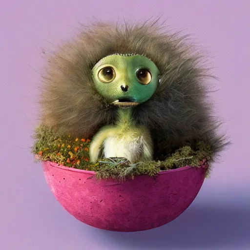 Prompt: long shot of a very furry alien chick nesting in a floral cup, esao andrews, by m. w. kaluta, humorous!!! illustration, hyperrealistic, tilt shift, warm colors, night scenery, low light, 3 d octane render, 4 k, volumetric lights, smooth, cosy atmosphere, conceptart, hyperdetailed, trending on deviantart