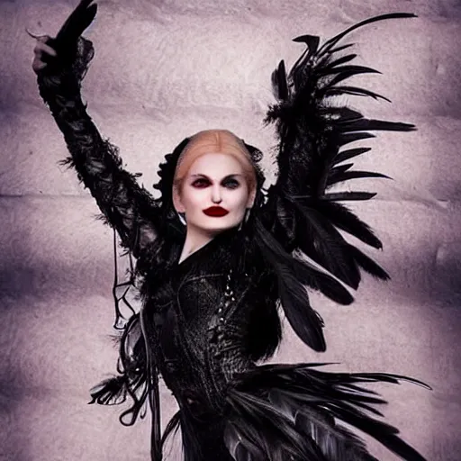 Image similar to dark swan queen, black hair, black feathers instead of hair, gothic, red lips, feathers growing out of skin, black fingers with black claws, bird feet, black bodysuit, disney villain, dark fae, moulting, suspended in zero gravity, on spaceship with cables hanging down, highly detailed, mucha